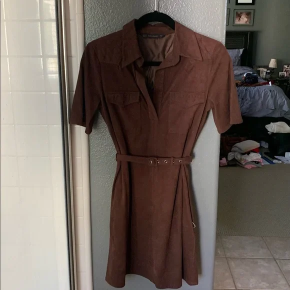 brown suede dress zara ZARA Basic Brown Faux Suede Belted Midi Dress Size S